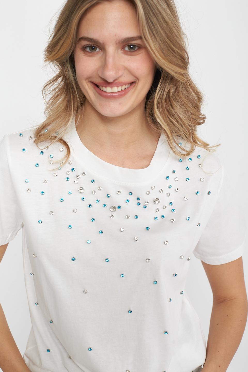 T-shirt strass applicati bianco/p.azzuro - Primavera Estate 2025 | Brend