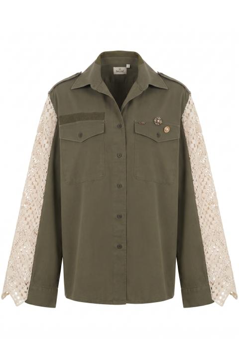 Camicia militare maniche crochet militare/ecrÙ - Primavera Estate 2026 | Brend