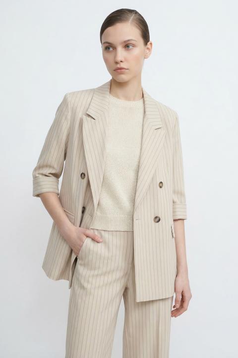 Giacca doppio petto spacchi laterali gessato beige - Primavera Estate 2026 | Brend