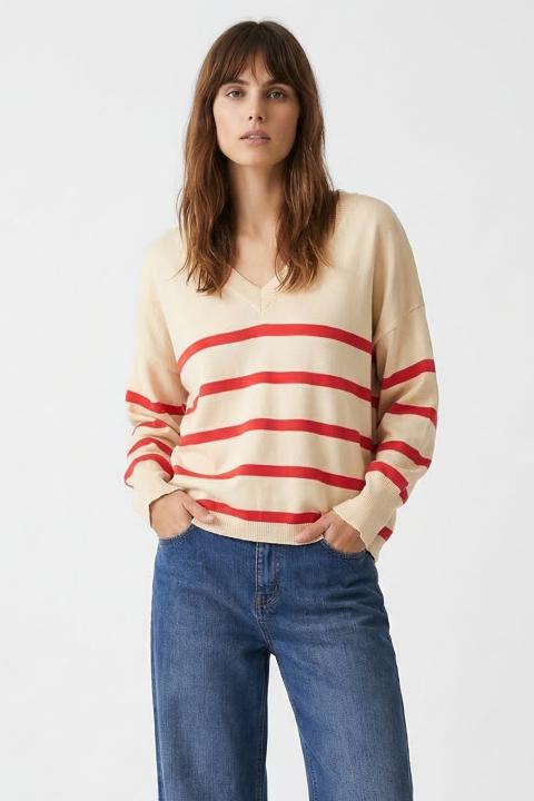 Maglia scollo v righe crema/rosso - Primavera Estate 2026 | Brend