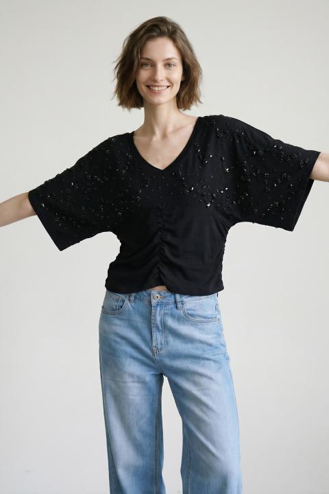Maglia kimono strass nero - Primavera Estate 2026 | Brend