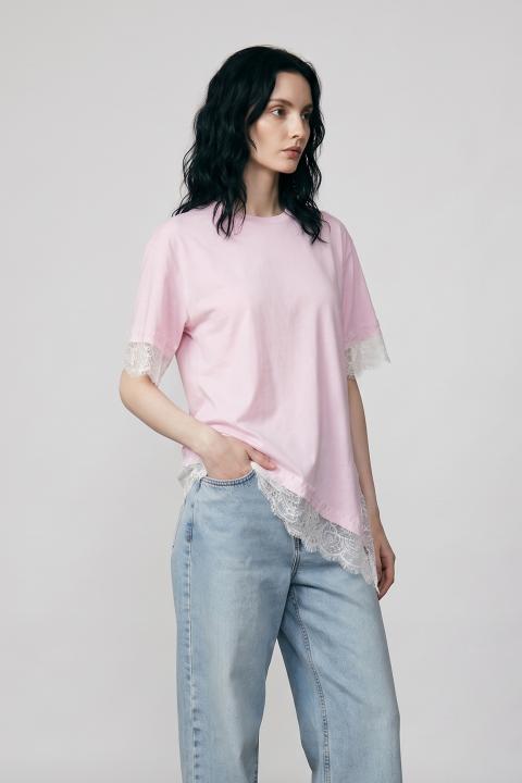 T-shirt asimmetrica pizzo rosa/panna - Primavera Estate 2026 | Brend