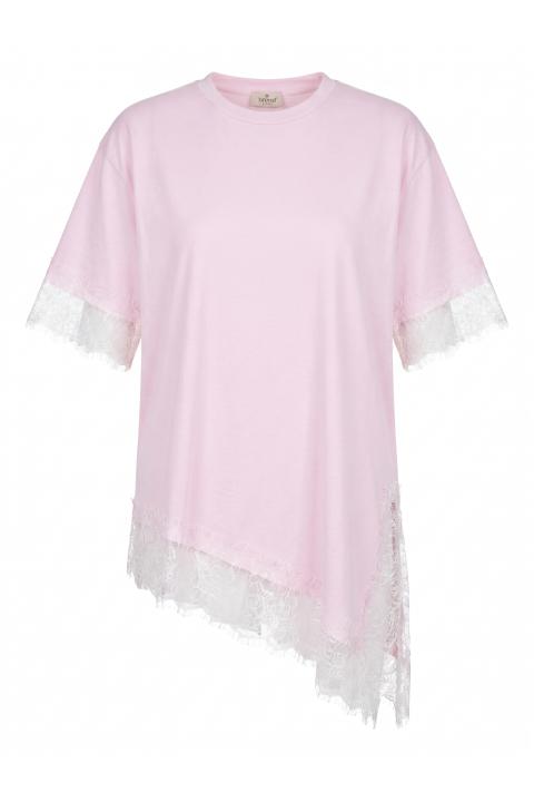 T-shirt asimmetrica pizzo rosa/panna - Primavera Estate 2026 | Brend