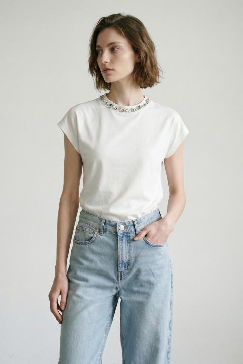 T-shirt collo strass bianco - Primavera Estate 2026 | Brend