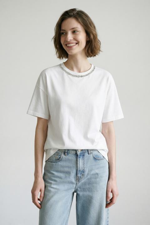 T-shirt girocollo strass bianco - Primavera Estate 2026 | Brend