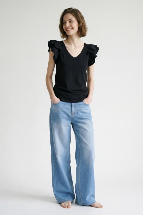 T-shirt scollo V volant nero - Primavera Estate 2026 | Brend