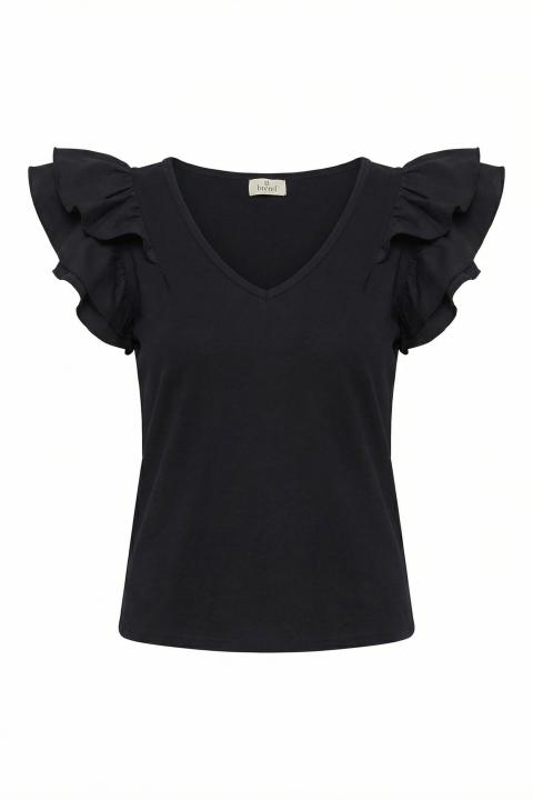T-shirt scollo V volant nero - Primavera Estate 2026 | Brend